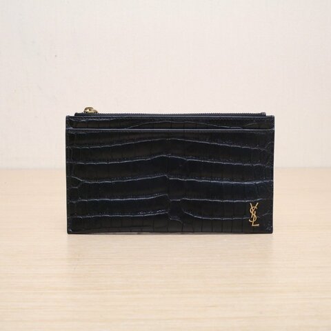 SAINT LAURENT 黑色牛皮金標logo手拿包肩背包