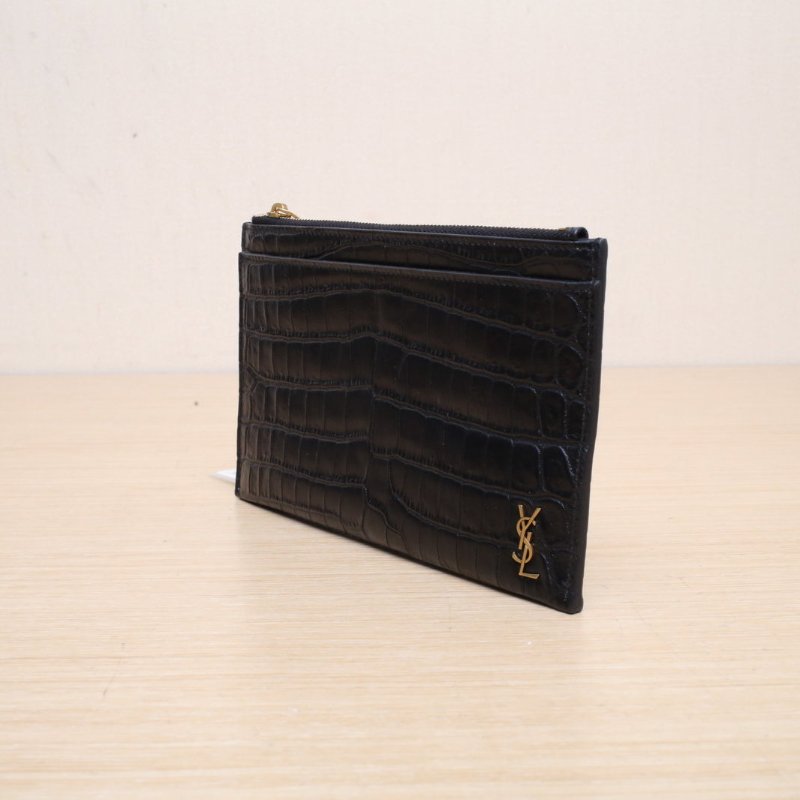 SAINT LAURENT 黑色牛皮金標logo手拿包肩背包-2