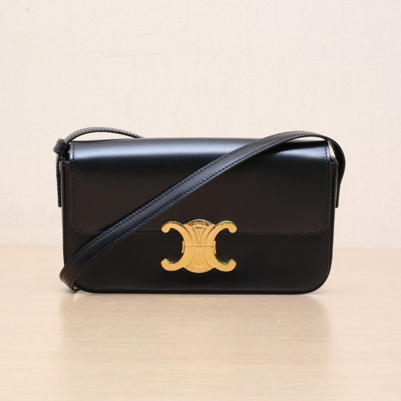 CELINE Triomphe凱旋門金屬鎖扣橫版肩背包20肩帶款黑色牛皮金扣肩背包-1