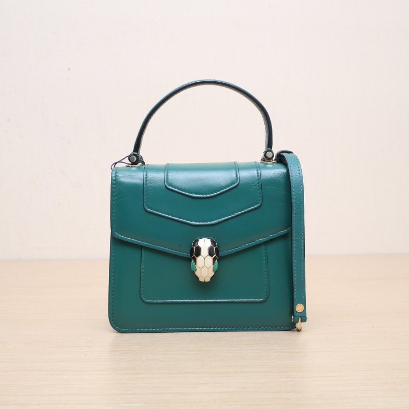 BVLGARI SerpentiForever風琴蛇頭包小號手柄18綠色牛皮肩背包-0