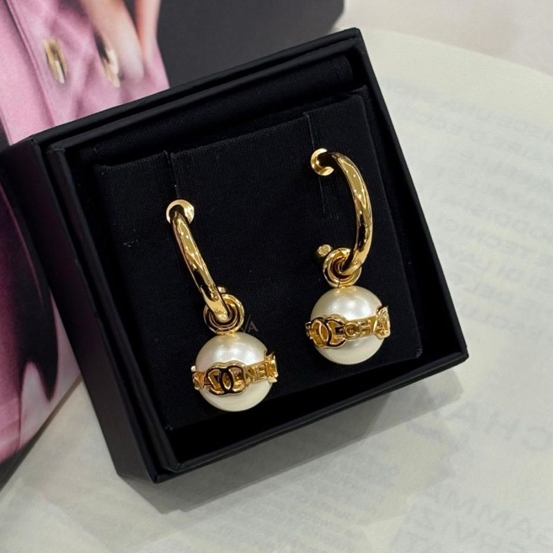 Chanel 23K 圓環金邊珍珠吊墜耳環 全新現貨-5