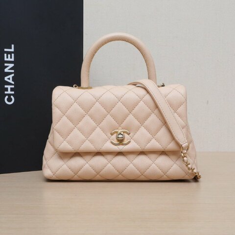 CHANEL CocoHandle小號24奶茶色荔枝牛皮24開金扣肩背包