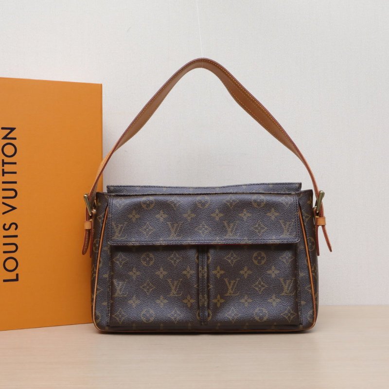 LOUIS VUITTON 中古駱駝包中號老花PVC金扣2004肩背包-0