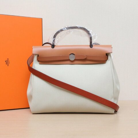 HERMES Herbag3134黃褐色帆布/Hunter牛皮Z刻銀扣肩背包
