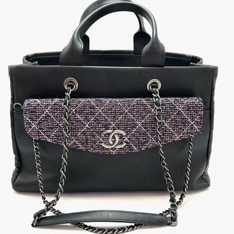 CHANEL 黑銀二合一荔枝皮編織托特包34*22*14 98新配件塵袋