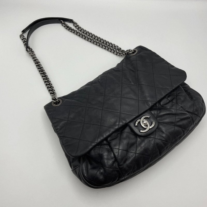 Chanel 黑銀菱格紋肩背斜背機場包 34.5*24*7 98新配件塵袋保卡-2