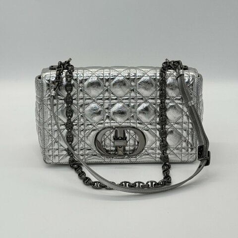 DIOR 迪奧 Cargo 銀色皮革 菱格紋 鏈條包 單肩包 斜挎包