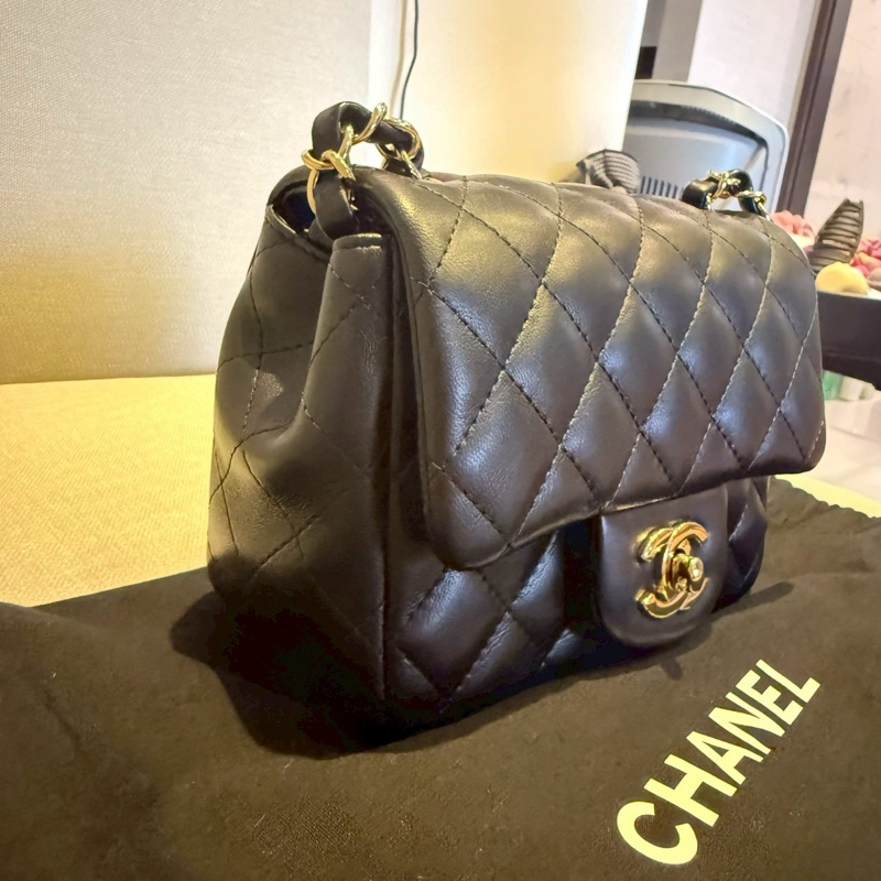CHANEL CF 17 方胖子｜黑色羊皮｜淡金扣｜晶片款（正品）-0