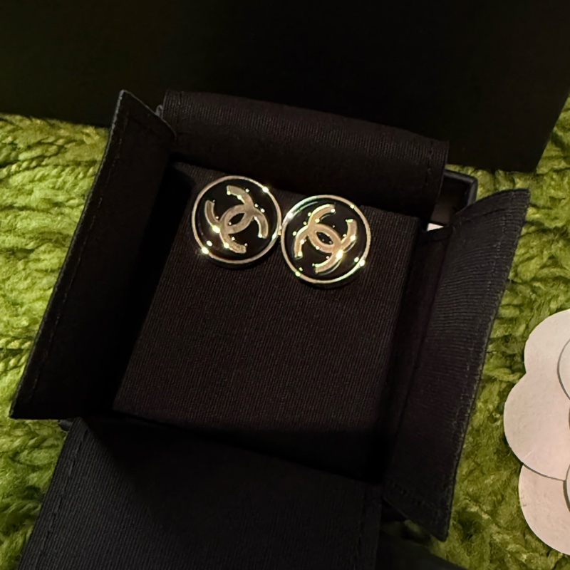 Chanel 香奈兒 黑色圓形琺瑯CC LOGO 耳釘 經典 雙C 針式耳環-5