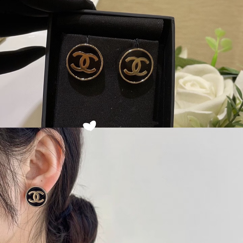 Chanel 香奈兒 黑色圓形琺瑯CC LOGO 耳釘 經典 雙C 針式耳環-7