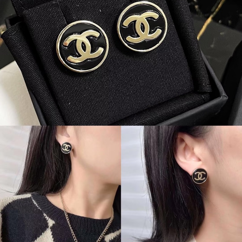 Chanel 香奈兒 黑色圓形琺瑯CC LOGO 耳釘 經典 雙C 針式耳環-9