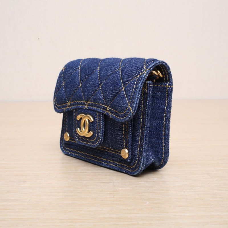 CHANEL 牛仔藍牛仔鐳射標金扣23SDoubleYou鏈條單肩包mini藍肩背包-3