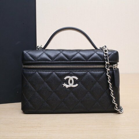 CHANEL 黑色荔枝牛皮鐳射標銀扣25BLp盒子包星星鑽皮手柄肩背包