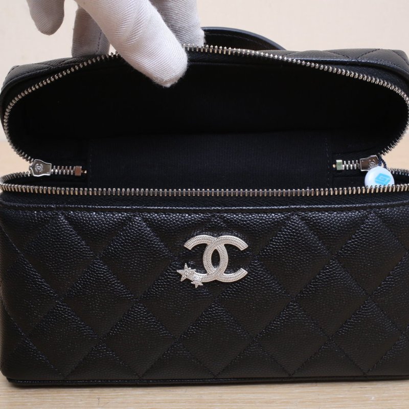 CHANEL 黑色荔枝牛皮鐳射標銀扣25BLp盒子包星星鑽皮手柄肩背包-3