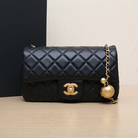 CHANEL CF口蓋包大Mini20黑色羊皮晶片開金扣金球調節扣肩帶肩背包