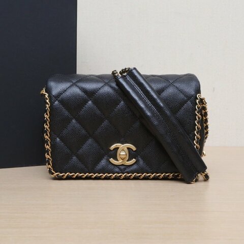CHANEL 22B口蓋包20.5黑色荔枝牛皮晶片開金扣皮穿鏈滾邊金幣雙皮穿鏈肩背包