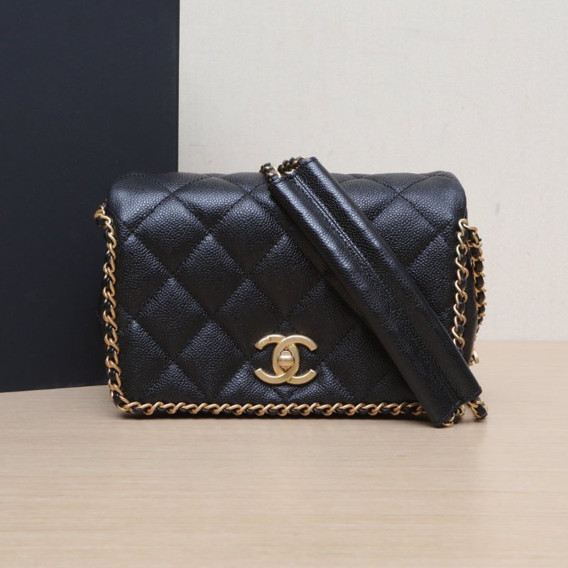 CHANEL 22B口蓋包20.5黑色荔枝牛皮晶片開金扣皮穿鏈滾邊金幣雙皮穿鏈肩背包-0