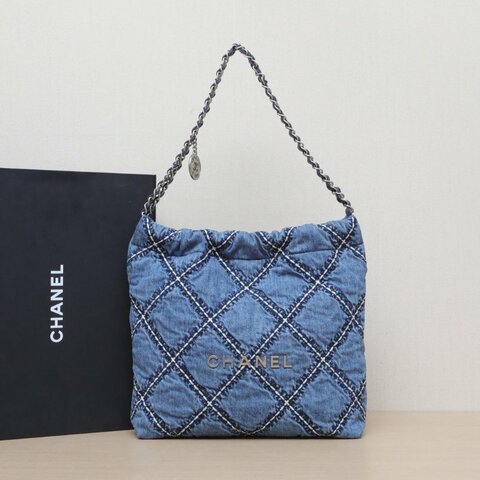 CHANEL 22BagTote托特包小號30藍色牛仔晶片開銀扣肩背包