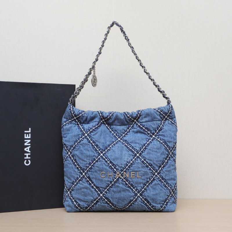 CHANEL 22BagTote托特包小號30藍色牛仔晶片開銀扣肩背包-0