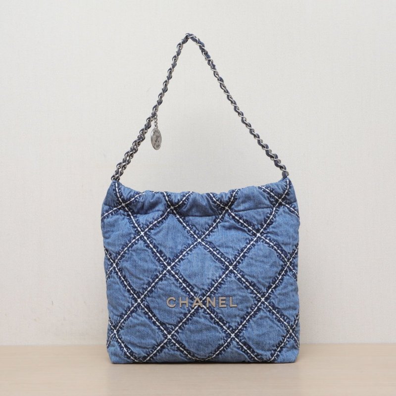 CHANEL 22BagTote托特包小號30藍色牛仔晶片開銀扣肩背包-1