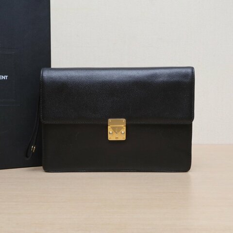 SAINT LAURENT 黑色牛皮中古手拿包肩背包