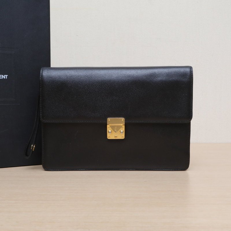 SAINT LAURENT 黑色牛皮中古手拿包肩背包-0