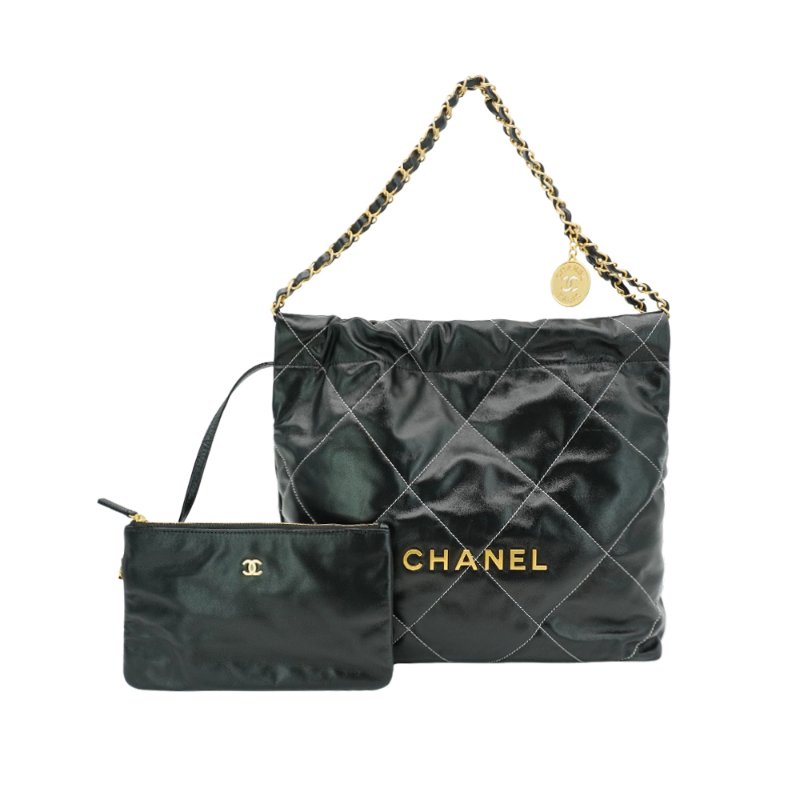 Chanel 展示品 22 Bag 金logo菱格白線牛皮小號肩背包(AS3260-黑)-0