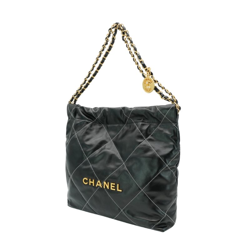 Chanel 展示品 22 Bag 金logo菱格白線牛皮小號肩背包(AS3260-黑)-1