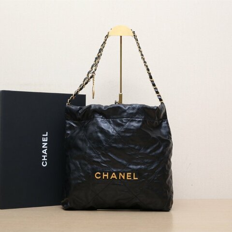 CHANEL 22BagTote托特包小號30黑色牛皮晶片開金扣肩背包
