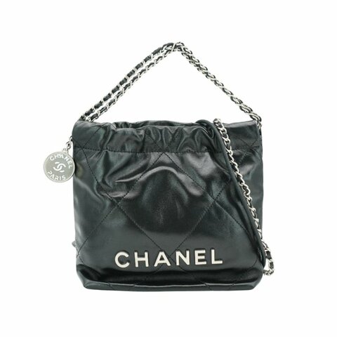 Chanel  22 Mini Bag 銀logo菱格縫線小牛皮斜背包(AS3980-黑)