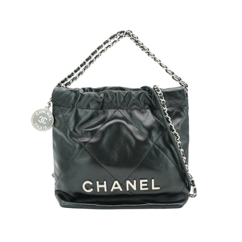 Chanel 22 Mini Bag 銀logo菱格縫線小牛皮斜背包(AS3980-黑)-0