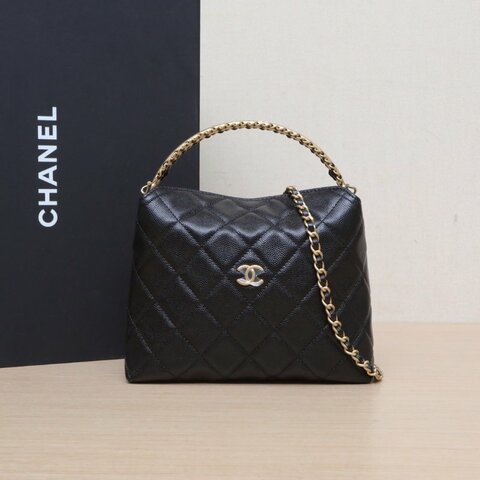 CHANEL 黑色荔枝牛皮鐳射標金扣24ACF手柄LOGO皮穿鏈hobo飯盒包鏈條包肩背包