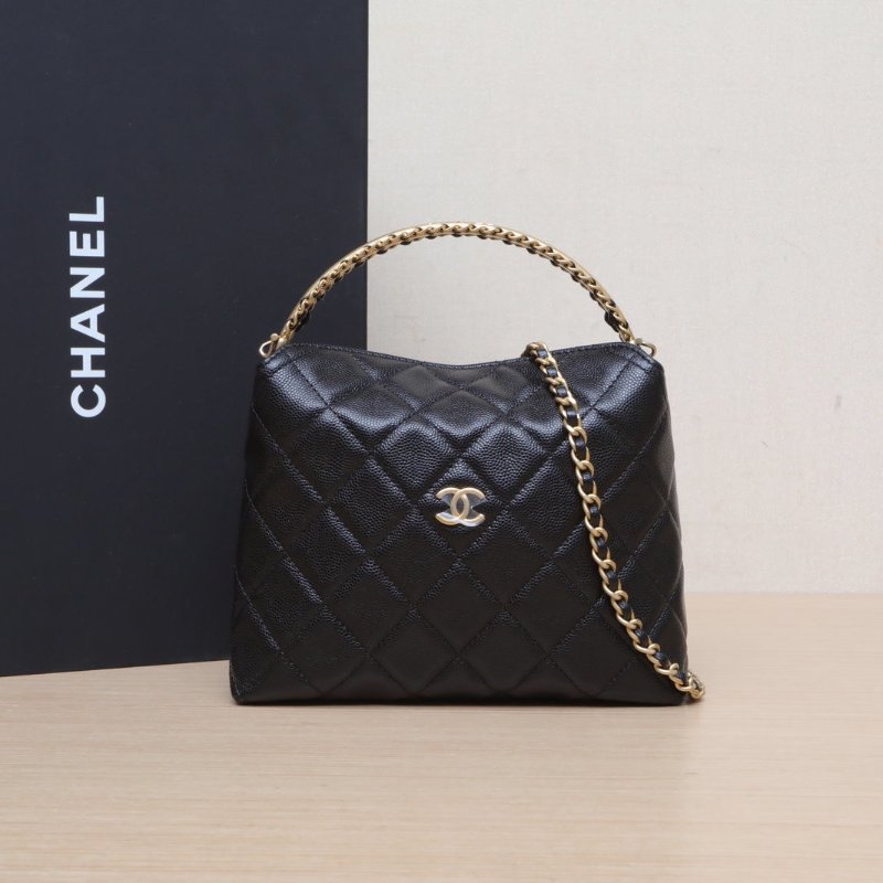 CHANEL 黑色荔枝牛皮鐳射標金扣24ACF手柄LOGO皮穿鏈hobo飯盒包鏈條包肩背包-0