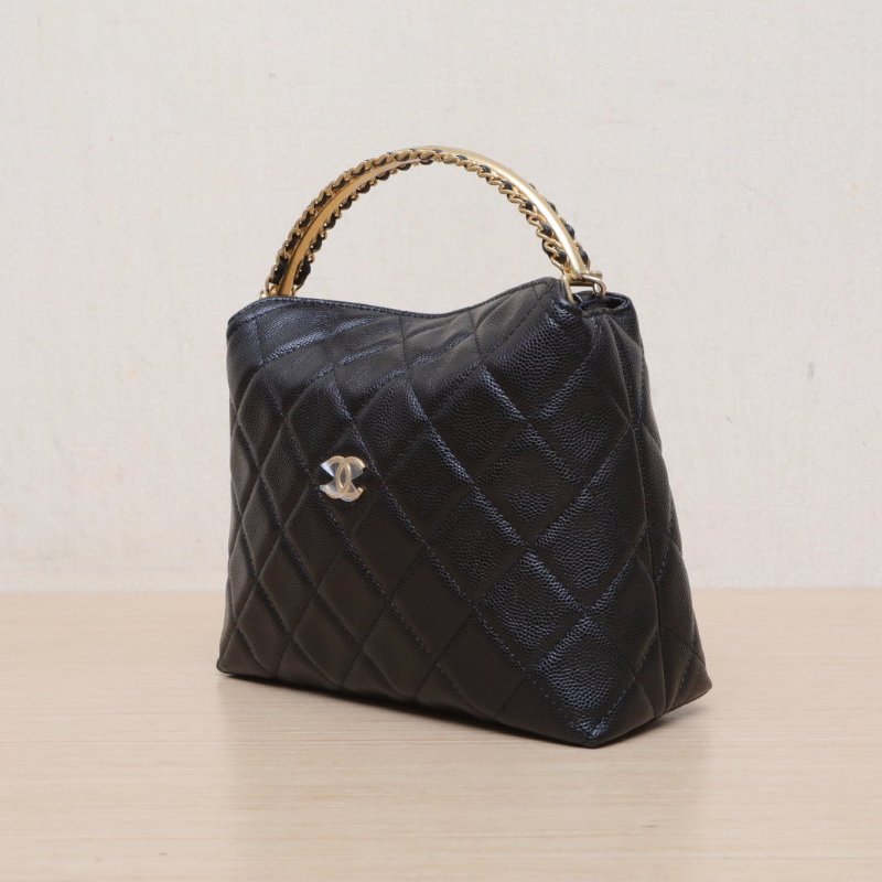 CHANEL 黑色荔枝牛皮鐳射標金扣24ACF手柄LOGO皮穿鏈hobo飯盒包鏈條包肩背包-4