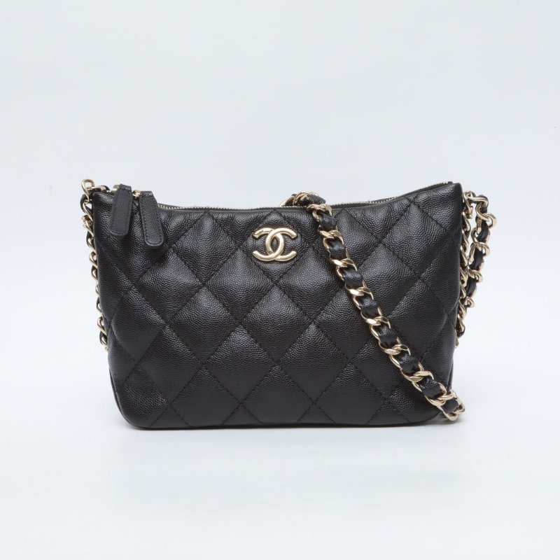 CHANEL 黑色荔枝牛皮晶片開金扣24phobo荔枝牛皮肩背包-0
