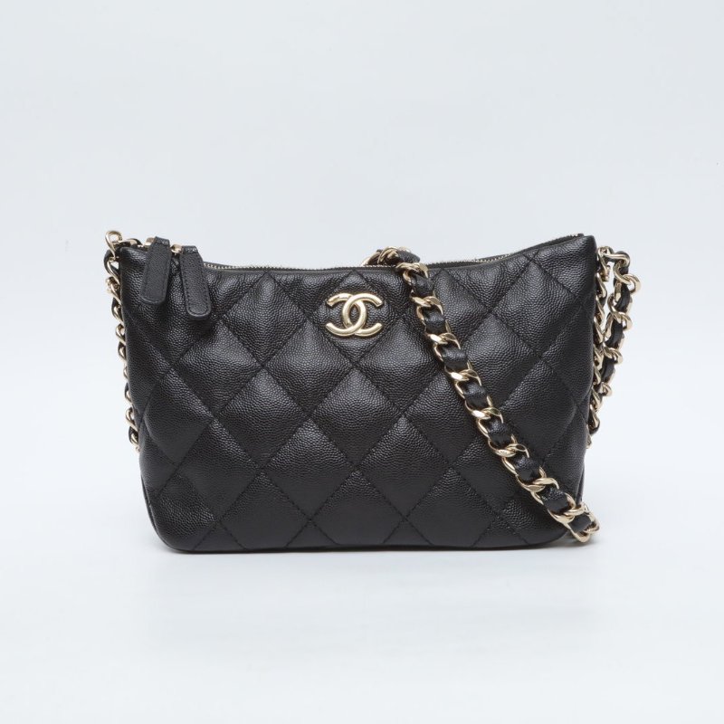 CHANEL 黑色荔枝牛皮晶片開金扣24phobo荔枝牛皮肩背包-1