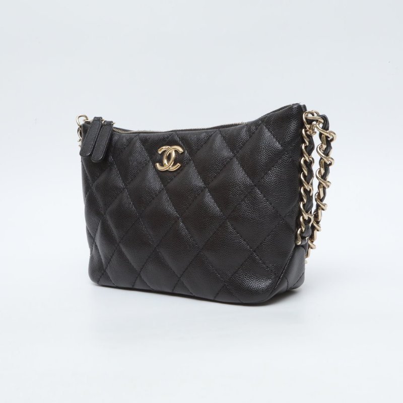 CHANEL 黑色荔枝牛皮晶片開金扣24phobo荔枝牛皮肩背包-2