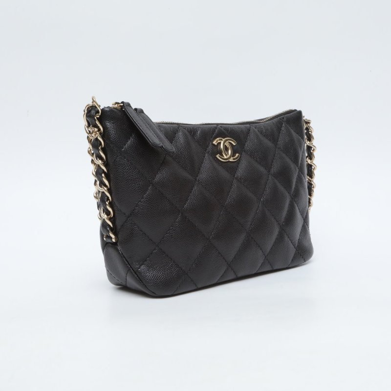 CHANEL 黑色荔枝牛皮晶片開金扣24phobo荔枝牛皮肩背包-3