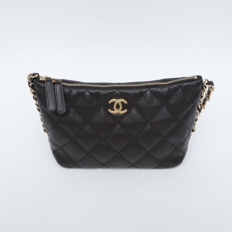 CHANEL 黑色荔枝牛皮晶片開金扣24phobo荔枝牛皮肩背包-4