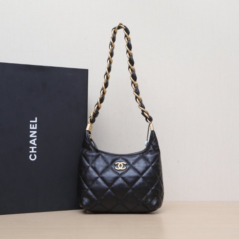 CHANEL 24AHobo22.5黑色羊皮晶片開金扣粗皮穿鏈肩帶肩背包-0