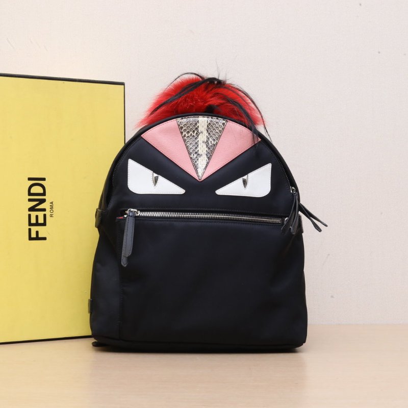 FENDI 黑色牛皮蛇皮尼龍芬迪小怪獸紅毛雙肩包//肩背包-0