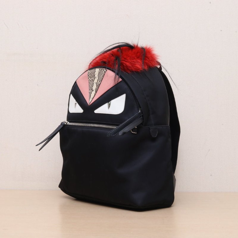 FENDI 黑色牛皮蛇皮尼龍芬迪小怪獸紅毛雙肩包//肩背包-3