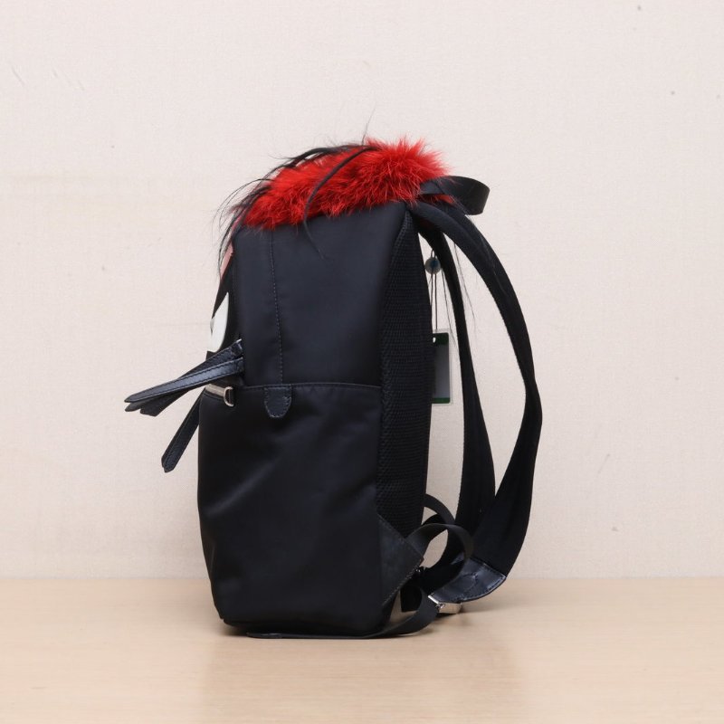 FENDI 黑色牛皮蛇皮尼龍芬迪小怪獸紅毛雙肩包//肩背包-4