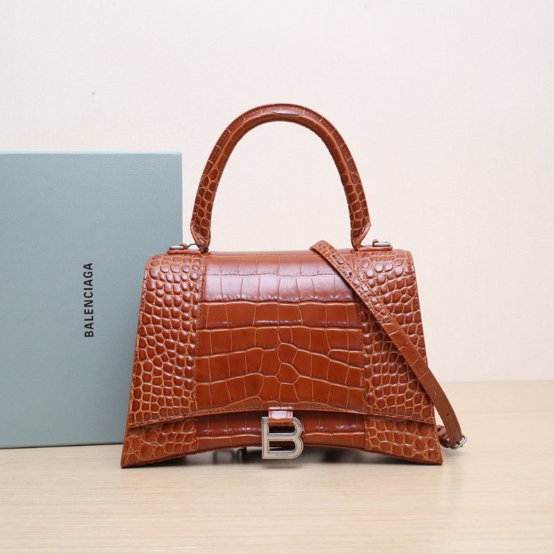 BALENCIAGA Hourglass沙漏M碼鱷魚壓紋褐色牛皮肩背包-0