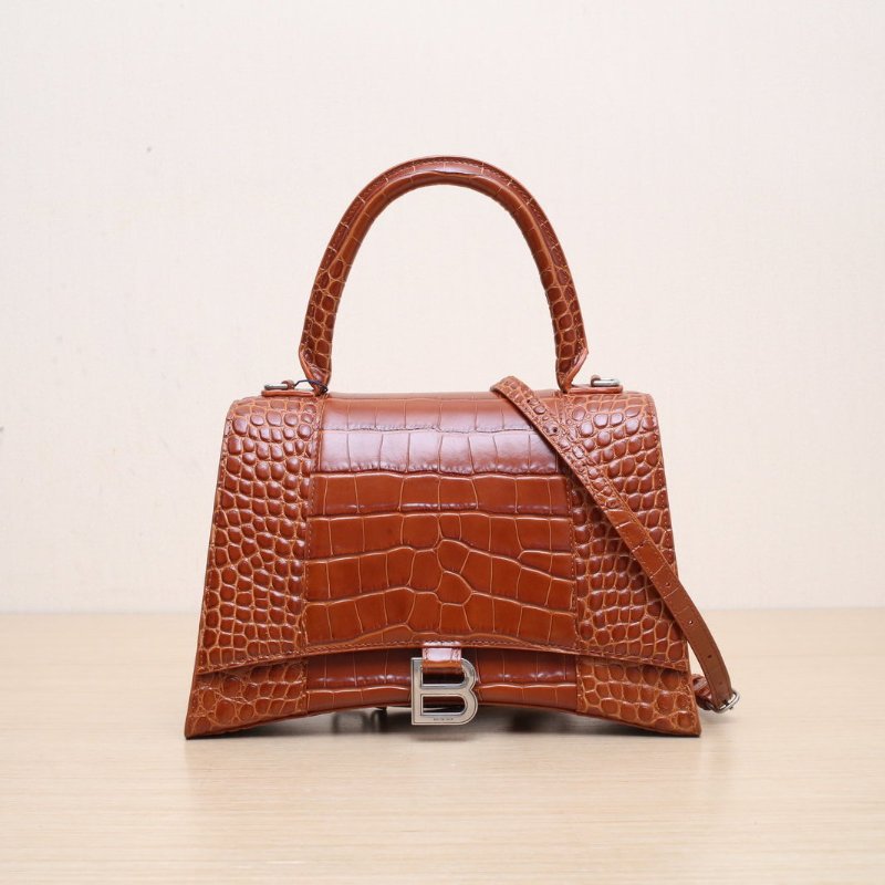 BALENCIAGA Hourglass沙漏M碼鱷魚壓紋褐色牛皮肩背包-1