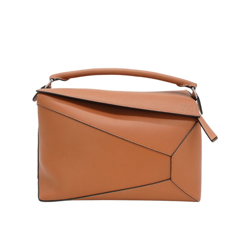Loewe Large Puzzle 牛皮銀釦手提兩用包(棕)-0