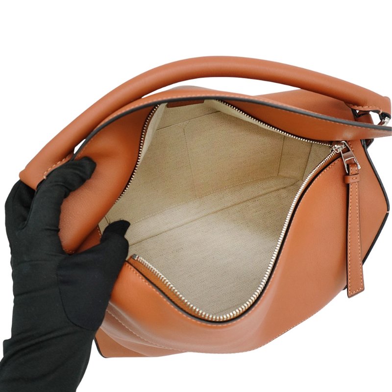 Loewe Large Puzzle 牛皮銀釦手提兩用包(棕)-4