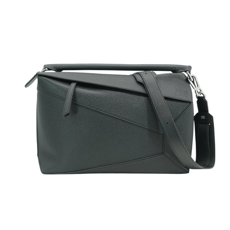 Loewe Large Puzzle 牛皮銀釦手提兩用包(黑)-0