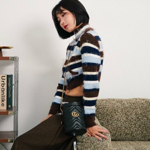 Gucci GG Marmont 牛皮金鍊斜背迷你水桶包(575163-黑)