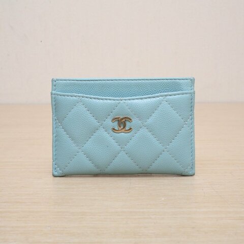 CHANEL CF敞口卡包11藍色荔枝牛皮28開淺金扣肩背包